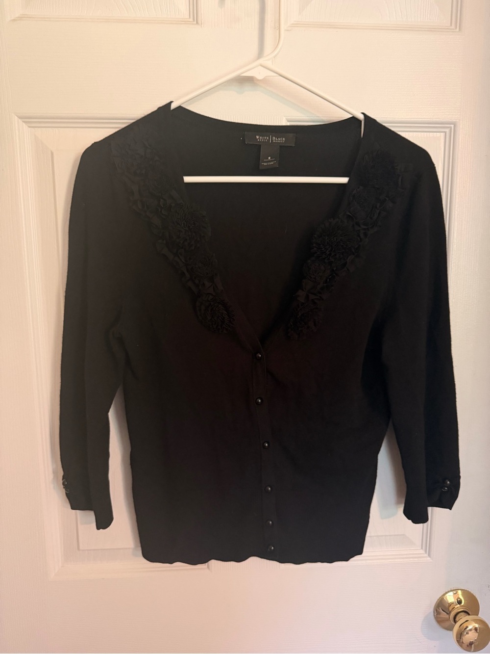 White House Black Market Black Floral-Appliqué V-Neck Cardigan